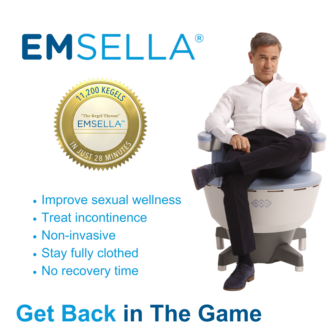 Emsella for Men promotional graphic of man sitting in Emsella chair with headline stating get back in the game.